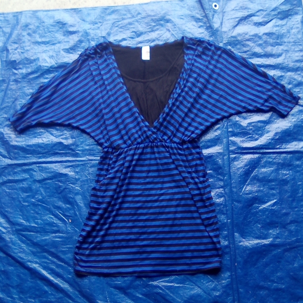 Francesca's Blue and Black Striped V-Neck Top